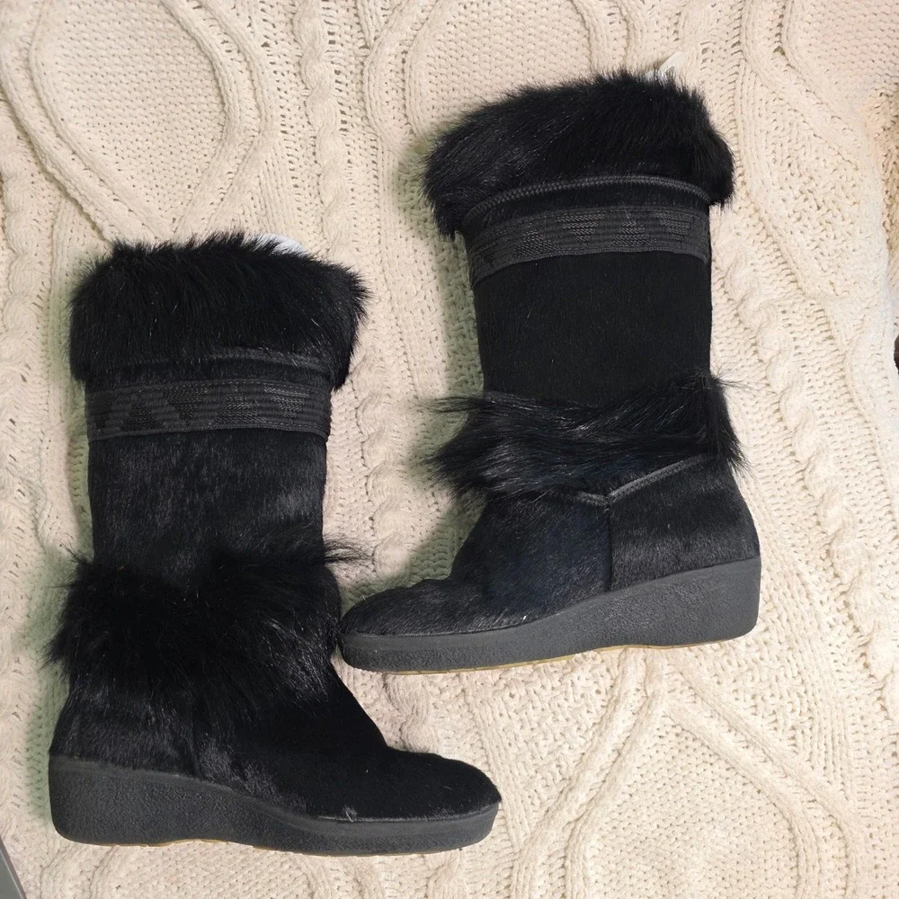 VTG Tecnica Snow Boots Black FULL‎ GOAT HAIR Mid Calf Rare Womens 39 Excellent